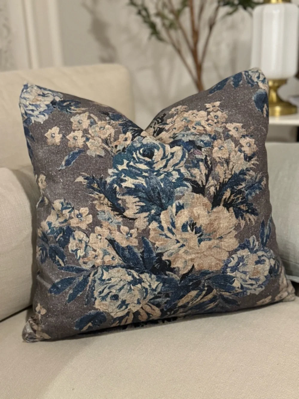 2/ Navy Blue and Brown Floral Linen blend Pillow Covers 20”